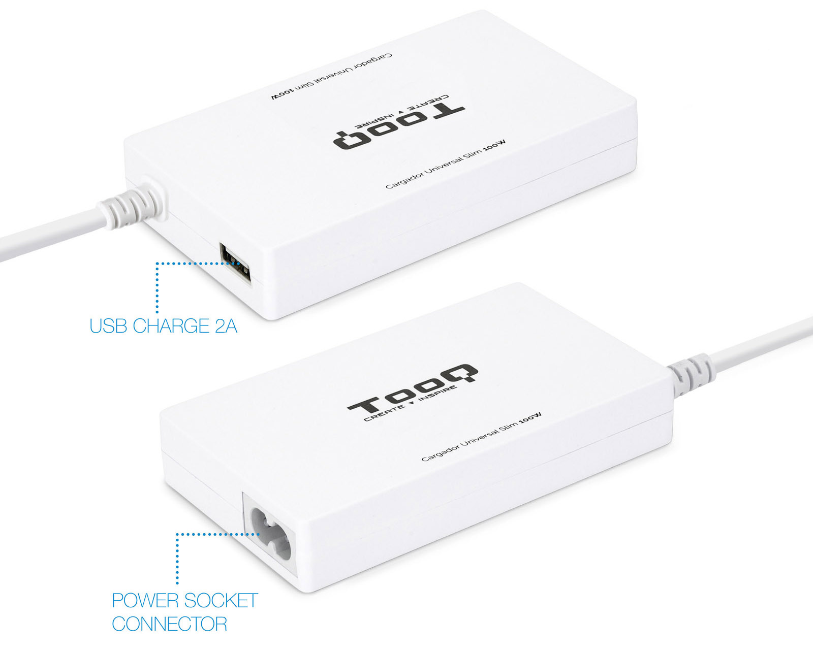 Tooq - Cargador de Portátil Slim Tooq 100W 1x USB 9 Conectores Blanco