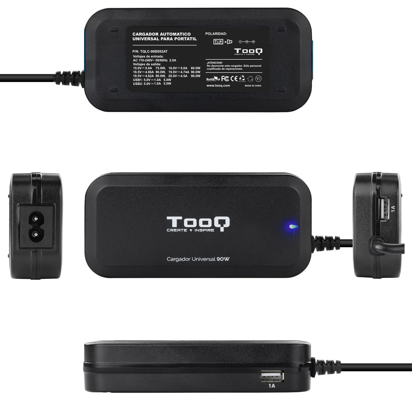 Tooq - Cargador de Portátil Tooq 90W 2x USB 12 Conectores Negro