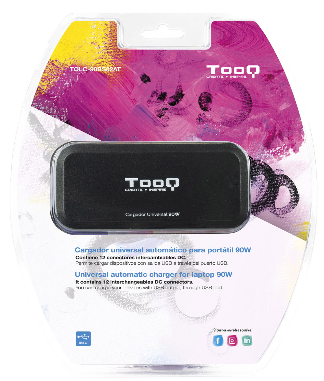 Tooq - Cargador de Portátil Tooq 90W 2x USB 12 Conectores Negro
