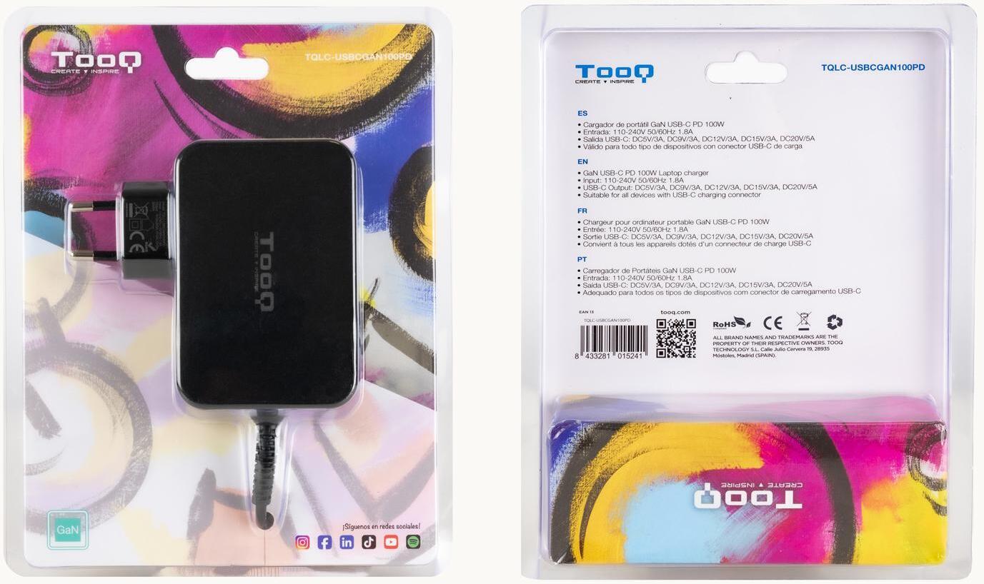 Tooq - Cargador de Portátil GaN Tooq USB-C PD 100W
