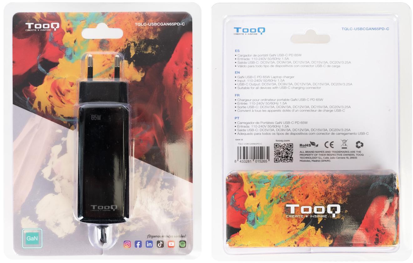 Tooq - Cargador de Portátil GaN Tooq USB-C PD 65W Negro