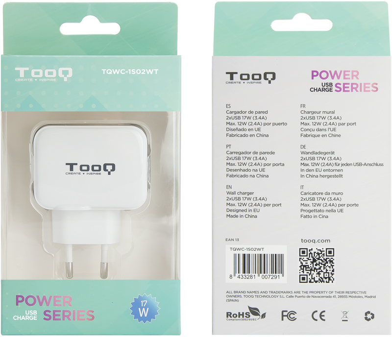 Tooq - Cargador Tooq 2x USB 5V 3.4A com Controlo AI - Blanco