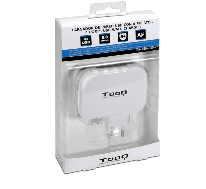 Tooq - Cargador Tooq 4x USB 5V 6.8A com Controlo AI - Blanco