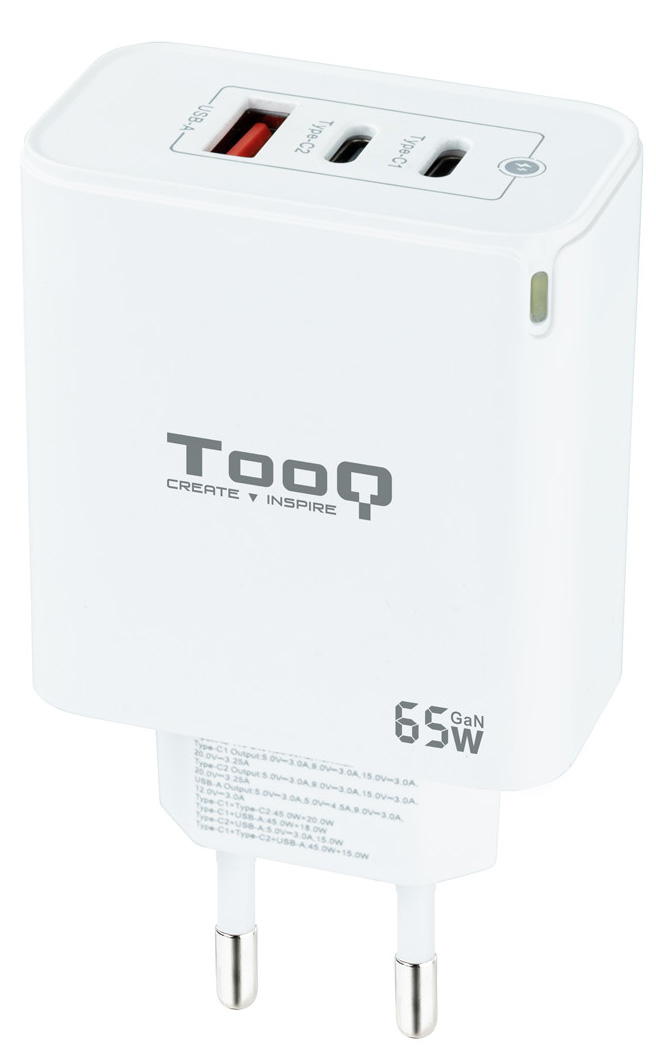 Tooq - Cargador GaN Tooq 2xUSB-C/PD 65W + USB-A/QC 65W