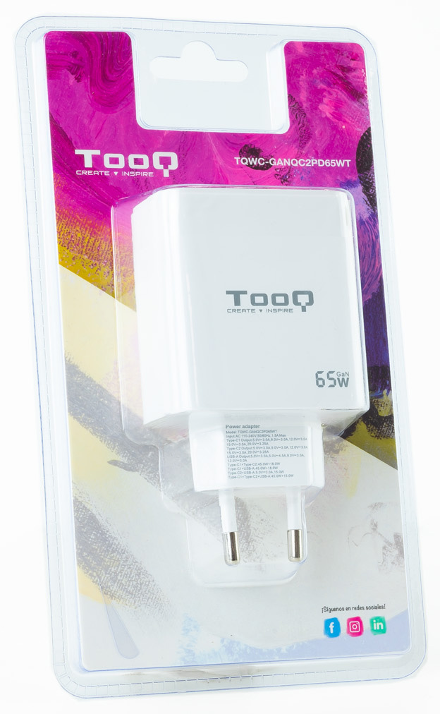 Tooq - Cargador GaN Tooq 2xUSB-C/PD 65W + USB-A/QC 65W