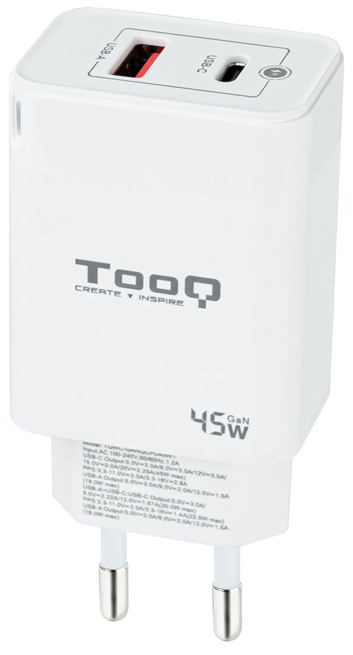 Tooq - Cargador GaN Tooq USB-C/PD 30W + USB-A/QC 45W