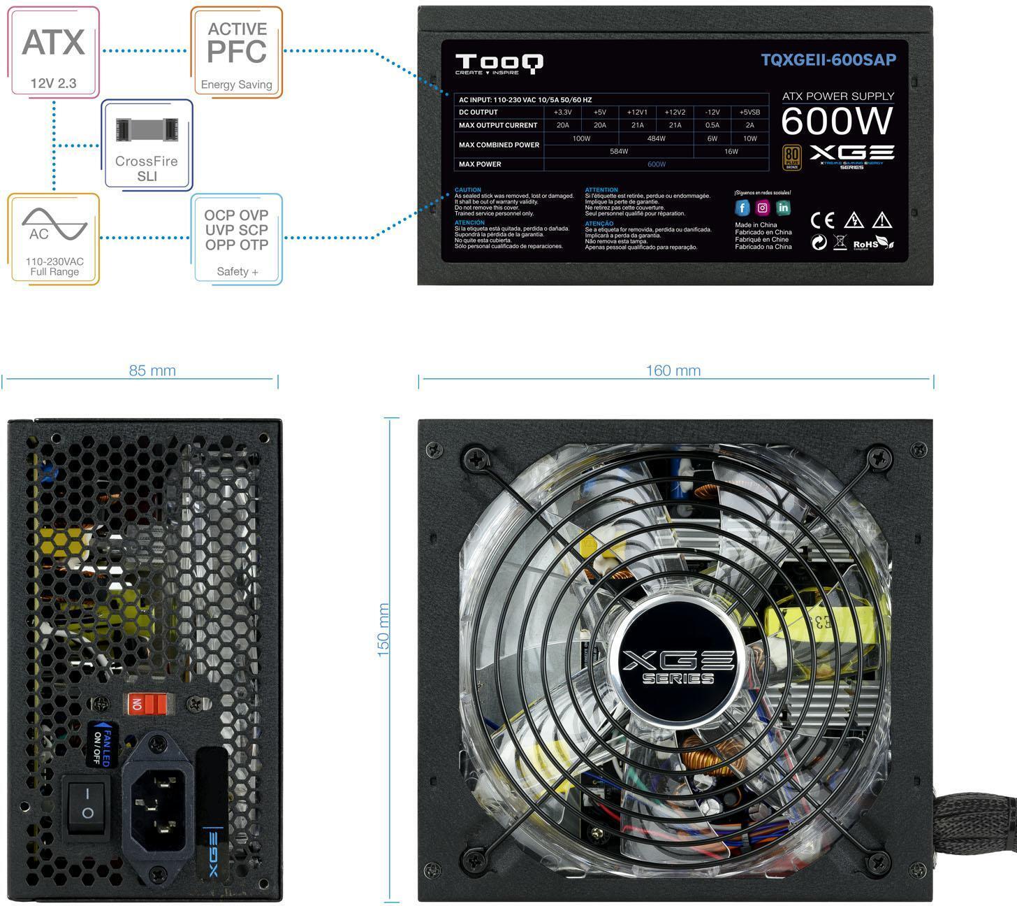 Tooq - ** B Grade ** Fuente Alimentación Tooq Xtreme Gaming Energy II 600W 80+ Bronze c/LED