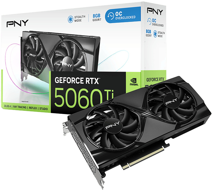 PNY - Tarjeta Gráfica PNY GeForce® RTX 5060 Ti Dual Fan OC 8GB GDDR7 DLSS4