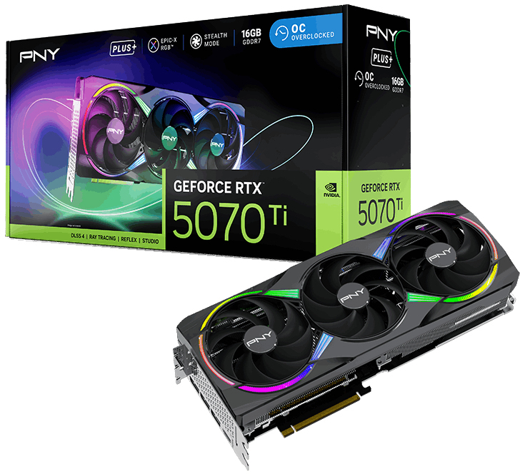 PNY - Tarjeta Gráfica PNY GeForce® RTX 5070 Ti Gaming RGB Triple Fan Plus OC 16GB GDDR7 DLSS4